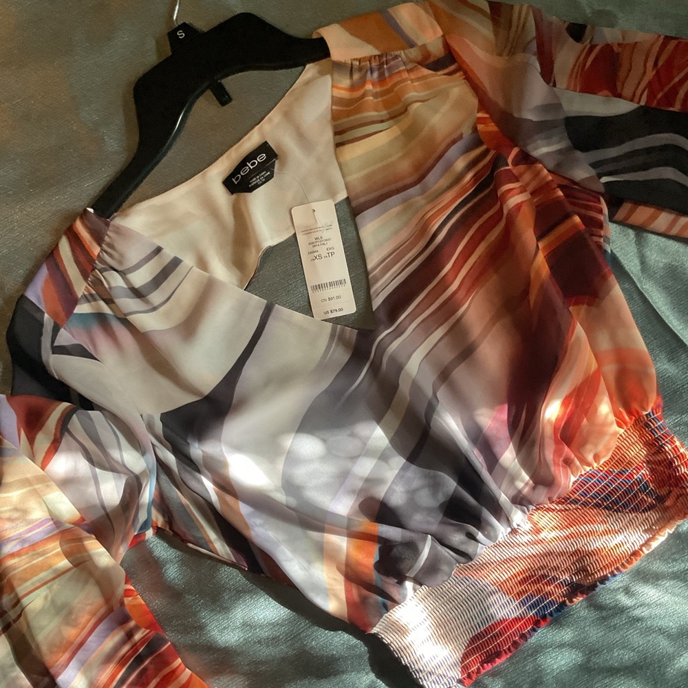 BEBE Colorful Striped V-Neck Blouse